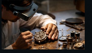 Watchmaking bench and specialist at work